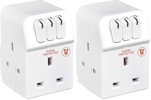 Masterplug MSWG3 Three Socket Surge Protected Adaptor with Individual Switches (Pack of 2)