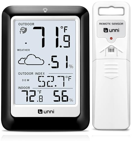 Indoor Outdoor Thermometer Hygrometer Wireless Weather Station, Temperature Humidity Monitor Battery Powered Inside Outside Thermometers with 330ft Range Remote Sensor(Black)