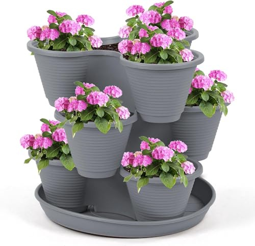 Greenfields 3 Tier Stackable Herb, Flowers, Vegetable, Berry Planter - Indoor or Outdoor Stackable Weather Resistant Planters - Tri-Pot Strawberry Vegetable Patch (Charcoal)