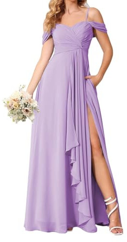 HPPEE Lilac Bridesmaid Dresses for Women Long Chiffon Cold Shoulder Wedding Guest Dress with Slit Formal Gown UK8