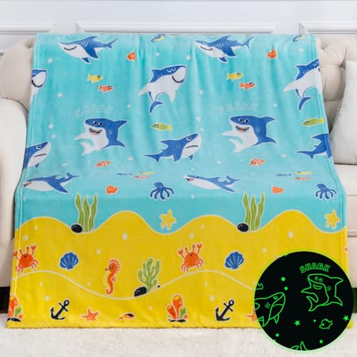 Shark Gifts for Boys Girls - Glow in The Dark Sharks Blanket Christmas Stocking Stuffers for Grandkids Teen Boys Kids 2-14 Years Old Children Toddler Birthday Presents Soft Throw 50x60