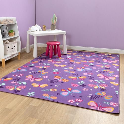 Steffensmeier Kinderteppich Sophia Rechteckig | für Kinderzimmer | Spielteppich | Schmetterling Lila, Größe: 100x200 cm