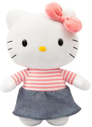 Hello Kitty 30 cm mjuk leksak – med jeanskjol och rosa randig topp, mjuk och mysig, åldersgrupper – inklusive presentförpackning, bedårande samlarobjekt