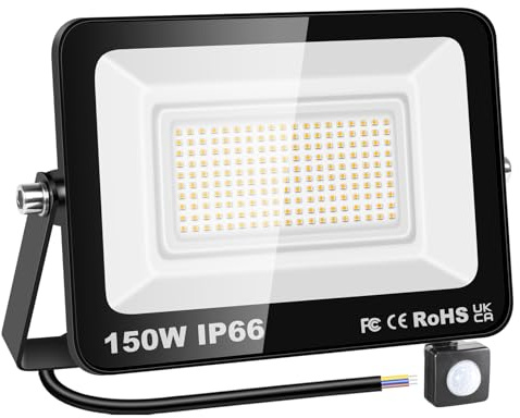 YOJZMA Projecteur LED Extérieur avec Détecteur de Mouvement, 150W 15000LM | Sans Prise, PIR, blanc chaud 3000K, IP66 étanche, éclairage sécurité extérieur pour jardin garage cour terrain sport porche
