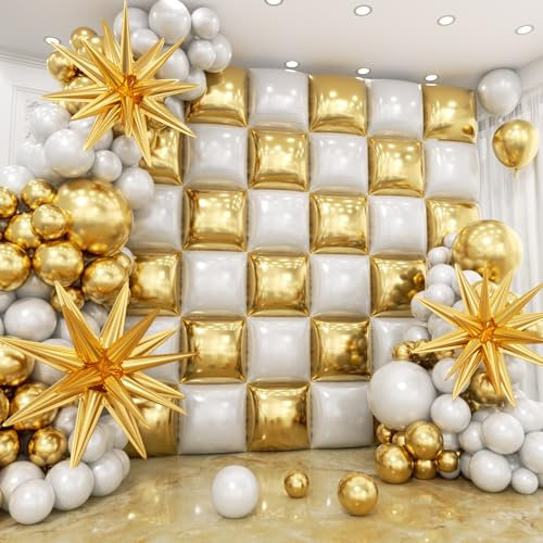 HKYOOD 36pcs White and Gold Square Foil Balloons Wall Backdrop with 147pcs Balloon Garland Arch Kit, Double Sided Balloons for Wedding Engagements Birthday Bridal Shower Anniversary Party Decorations
