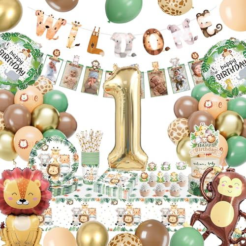 Palloncini Compleanno 1 Anno, Piatti e Bicchieri per Feste, Decorazioni per La Festa a Tema Giungla Con Palloncini, Tovaglioli, Cannucce, Stoviglie per Feste di Compleanno per 20 Ospite