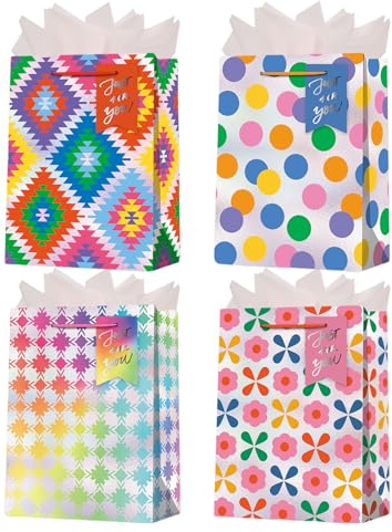 Medium Size Gift Bags,4pcs 9'' Colorful Dots Gift Bag with Tissue Paper Gift Tags for Adult Kids Birthday,Graduation,Easter,XMAS Gift Wrap-Any Occation(Multicolor)