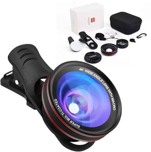 4K HD 0.45X Wide Angle Lens + 15X Macro Lens for iPhone Samsung - with Mini Selfie Ring Light, Quick Clip, Release Strap, Cleaning Cloth & Travel Case - Universal Phone Camera Lens Kit for Photography