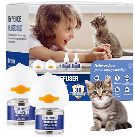 Piuess Feromoni Gatto Calmante per Gatti Diffusore Kit Tranquillante Antistress Repellente Gocce Calmanti Irrequieti Felini Rilassanti Tranquillanti Feromoni Insapore（2 Tappo + 2 Ricariche da 48ml）