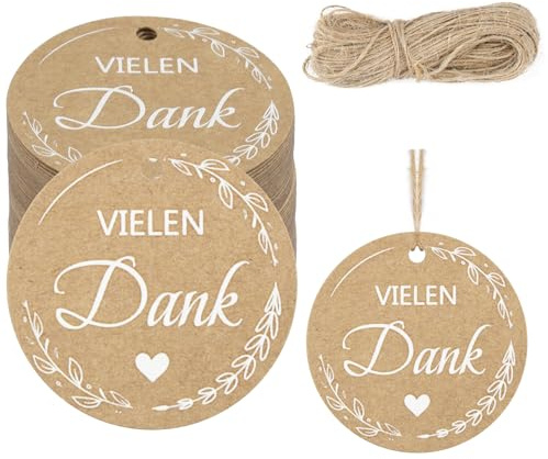 Hopton 100 Stück VIELEN DANK Geschenkanhänger, 5.5cm Runden Danke Anhänger | Dankeschön Geschenke Kraftpapier Anhänger mit Schnur 20m, Dankeschön Anhänger für Hochzeiten, Feste, DIY Geschenke