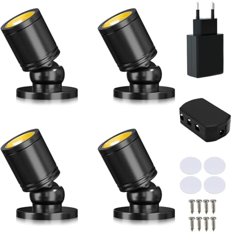 Gouzloyed 4 Piezas Mini focos LED Superficie Rotativo 360°Mini Spot Luz con Puerto USB 3000K Blanca Cálida Luz Regulable Adecuado para Armarios Pasillos Salas (4 Piezas-Blanco Cálido-Negro)