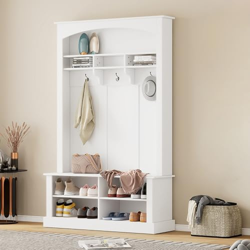 Massbinet Garderoben-Set mit Bank und Schuhablage multifunktionale Aufbewahrungsbank mit 3 hängenden Haken & offenem Garderobe für Flur Weiß H190/B120/T40 cm