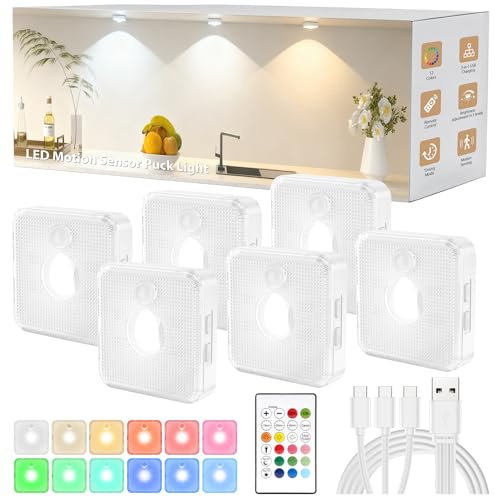 GBEAST 6 Pack Under Cabinet Lighting, Puck Lights with Remote,Motion Sensor Light Indoor,3 Color Temps & 9 RGB Colors Dimmable Closet Light,Rechargeable Under Counter Lights for Kitchen,Bedroom,Shelf