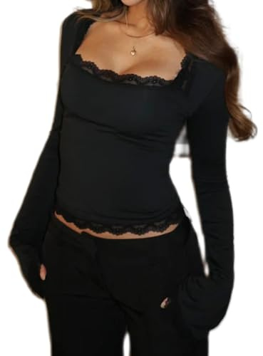 Women Square Neck Long Sleeve Top Y2k Lace Trim Slim Fit Basic Blouse Casual Fall Going Out Trendy Shirts Streetwear (A Black, S)