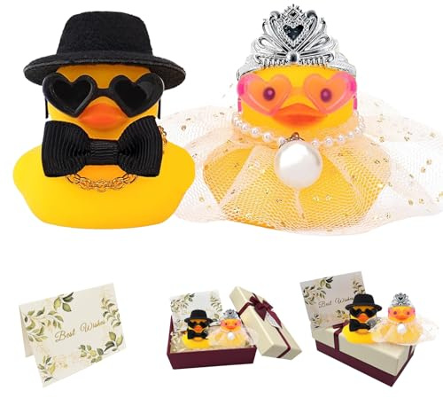 YDUNARISE 2er-Set Quietscheenten Braut und Bräutigam,Lustige Hochzeitsgeschenke für Brautpaar,Auto Deko Hochzeit,Brautpaar Figurens (Elegance)