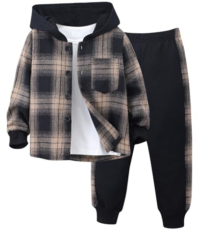 Generisch Survêtement pour enfant - Survêtement de sport - Tenue à manches longues - Pour garçon et fille - Manches longues - Patchwork - Plaid - T-shirt avec hauts, pantalons, tenues, café, 6-7 ans