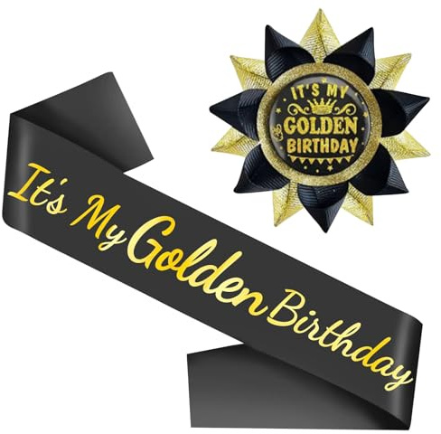 Srotmirw Golden Birthday Party Decorations Sash Pin,It's My Golden Birthday Black Sash Pin Button with Gold Foil for Women Men Party Supplies Decorations Gifts
