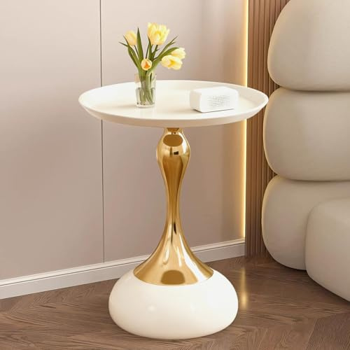 TWSOUL Table d'appoint ronde - Petite table d'appoint en métal - Table de chevet de jardin - Table ronde pour chambre à coucher, salon, balcon, bureau, petite pièce - 40 x 55 cm (blanc crème)