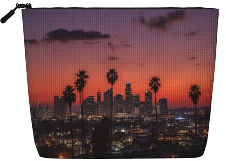 Cfyjvvxsj Los Angeles Sunset Cityscape with Palm Trees Silhouetted Full Print Fake Hemp Makeup Bag: Water-Resistant, Large Capacity Pouch for Daily Travel Commute (Multi-Use)