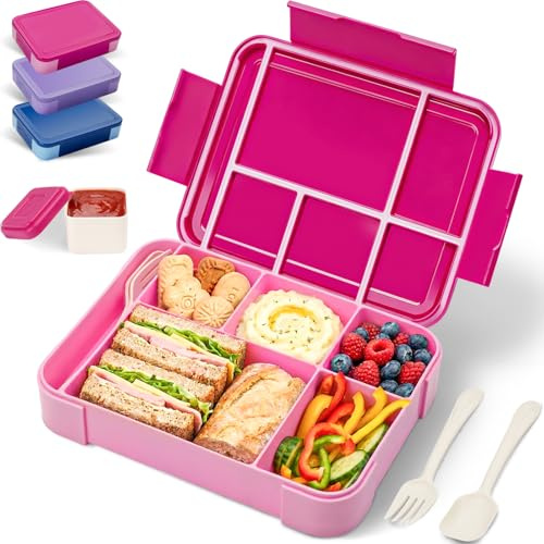BIBURY Lunch Box Kids Adults, Leakproof Bento Box Lunchbox with 5 Compartments & Sauce Pot & Cutlery, BPA Free, Microwave Dishwasher Safe Snack Box Sandwich Box for School Boys Girls, 1.3L (Hot Pink)