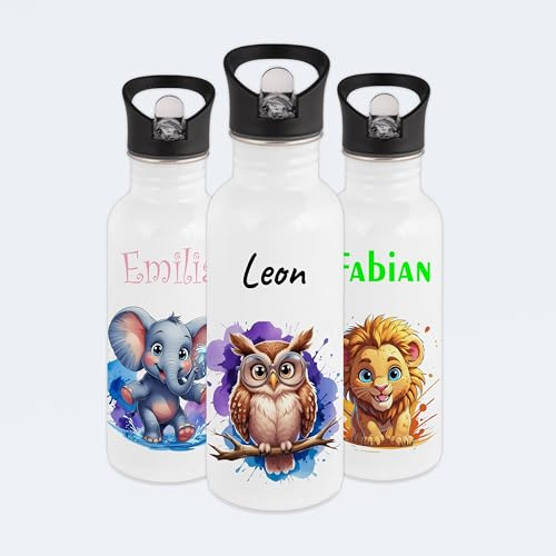 Gravur-Max Kinder Trinkflasche 600 ml personalisiert - Eule - auslaufsichere Edelstahl Trinkflasche mit Trinkhalm & Klappdeckel – BPA-frei, leicht & robust – mit Namen bedruckt - Weiß