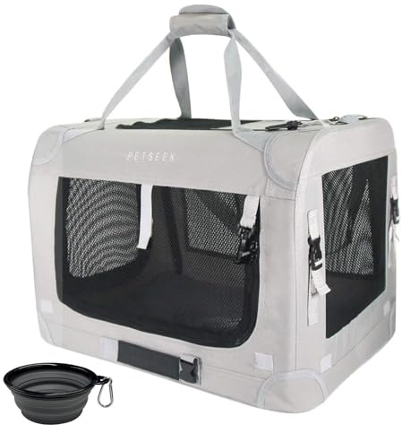 Petseek Extra Large Cat Carrier Soft Sided, Portable Small Dog Carrier for 2 Cats, 24x16.5x16 Car Travel Folding Comfortable Design with Bowl, Grey