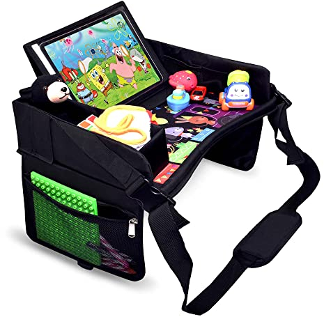 DMoose Kids Travel Tray - Premium 600D Oxford Fabric - Toddler Car Seat Tray with Stationary & Cup Holder - Portable Road Trip Essentials for Kids with Waterproof Tablet Holder & Sturdy Side Walls