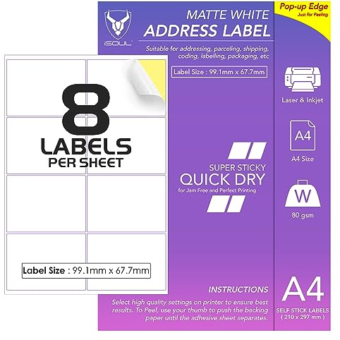 8 Labels Per A4 Sheet, 50 Sheets 400 Sticky Label, Printable Sticker Paper, iSOUL Matte Self Adhesive Address Mailing, Shipping, Postage, Laser & Inkjet Printer Compatible [QuickDry]