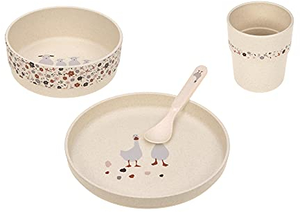 LÄSSIG Set de vaisselle pour enfants (assiette, gobelet, bol, cuillère) sans mélamine, sans BPA, pour lave-vaisselle et micro-ondes/Dish Set Tiny Farmer Goose