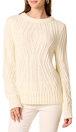Amazon Essentials Women's Regular Fit Cotton Cable Knit Crewneck Jumper, Ivory, M