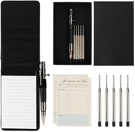SMOOTHERPRO Mini Notizblock Halter Set | 9 Stück | Einschließlich Bolt Actionstift 5 Stiftminen 50 Blatt Notizbuchpapier 60 Blatt Aufgabenlisten und 60 Blatt Wochenplaner | Schwarz (MN135BK)