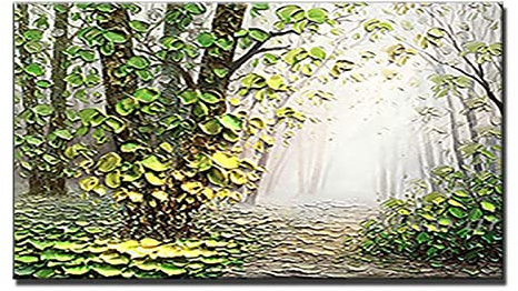 MWMG Leinwand Bilder, Grüne Textur Birkenwaldzweige Blätter Sommerlandschaft Abstrakt Modern Frameless Handgemalte Ölgemälde Auf Leinwand Für Familienwand Wohnzimmer Esszimmer Home Art Decor,70