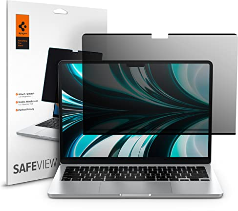 Spigen SafeView Protector Pantalla Filtro Privacidad para MacBook Air 13 Pulgadas (M4 2025 / M3 2024 / M2 2022), 1 Unidad, Anti-Espía, Cobertura Completa, Con paño de limpieza y estuche