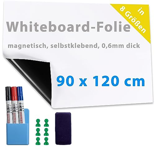 Dynamic-Wave 120 x 90 cm, rollo magnético autoadhesivo para pizarra blanca, tamaño pequeño, papel magnético, resistente y fácil de limpiar, con accesorios