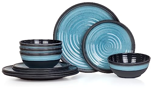 Vaisselle de table de camping en mélamine pour 4 personnes - 12 pièces - Passe au lave-vaisselle - Service de pique-nique - Vaisselle de camping - Design bleu pierre