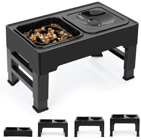 PETTOM Raised Dog Bowl, Slow Feeder Dog Bowl and Non-Spill Dog Water Bowl, 4 Height Adjustable Dog Bowls with Stand, Dog Food and Water Bowl Set, Elevated Dog Bowls for Small Medium large dogs