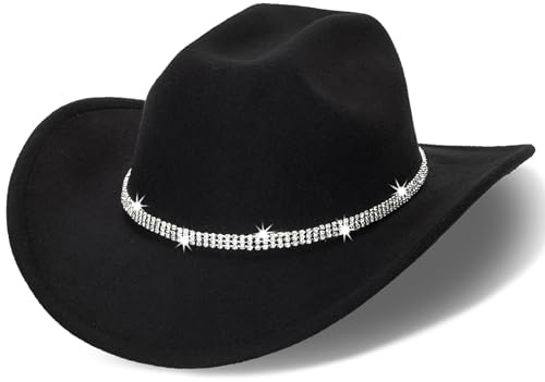 Unisex Westernhut aus Filz, Cowboyhüte – klassischer brauner Cowgirl-Hut mit breiter Krempe und glänzendem Strassband, Schwarz, 3 Diamanten, Medium