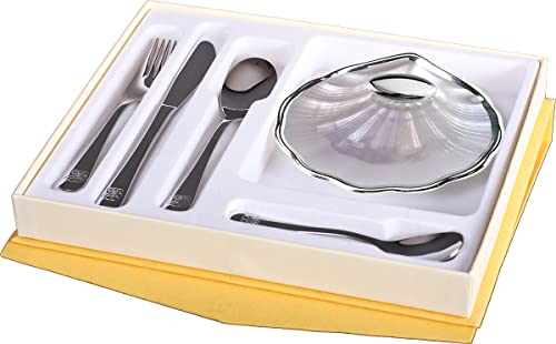 Estuche de Bautizo de 4 cubiertos infantiles y Concha Bautismal con aplique Laminado en Plata de Ley 925‰. Con Personalizado. (09618)