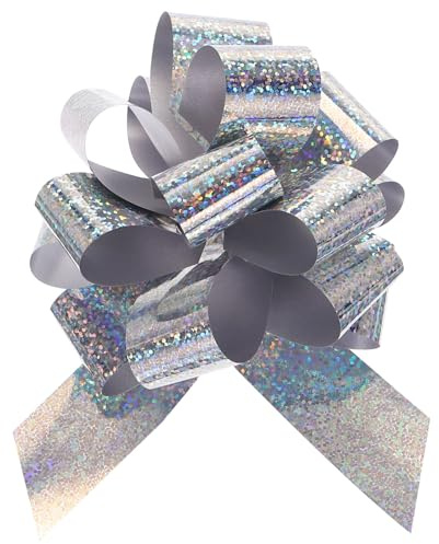 QUARKZMAN 10 Stück Große Geschenkschleife, Ziehschleife ø 10cm Metallische Geschenk Schleife, Bunte Dekoschleifen für Auto Dekor Hochzeit Geburtstag Verpackung Weihnachten (Silber)