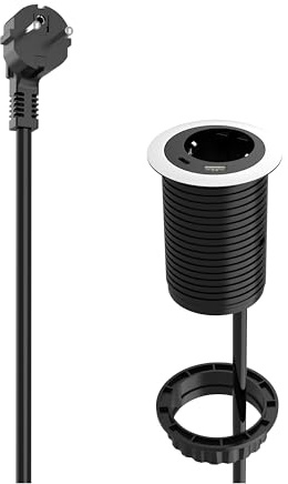 Ucomen Einbausteckdose mit 20W USB C und A, Schreibtisch Steckdose mit 1,5m Kabel, Tischsteckdose mit 16A/3680W