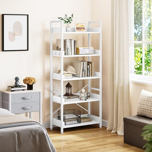YITAHOME Libreria a 5 Ripiani, Scaffale da Terra, Scaffale in Legno e Scaffali con Struttura in Acciaio Stabile con 4 Ganci Scaffale Industriale per Soggiorno, Casa e Ufficio, Bianco Puro