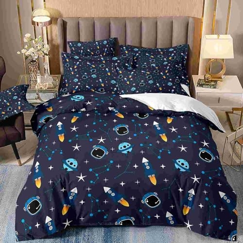 Freyamy Rakete Bettwäsche 135x200cm 2teilig Blau Bunt Weltraum Rocket Jungen Kinderbettwäsche Weltall Jugendliche Kinder Bettwäsche Microfaser Bettbezug mit Reißverschluss und Kissenbezug 80x80cm