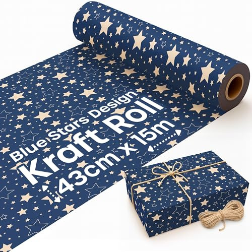 Azul Papel Regalo Navidad Kraft con Diseño de Estrellas- Rollo de Papel Regalo de 15 m x 43 cm con 2 Cuerdas de Yute - Ideal Como Papel Regalo Rollo y Papel de Regalo Navidad.