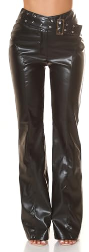 Koucla Damen Highwaist Kunstleder Hose Schlaghose Bootcut mit Deko Gürtel und Schnalle XL