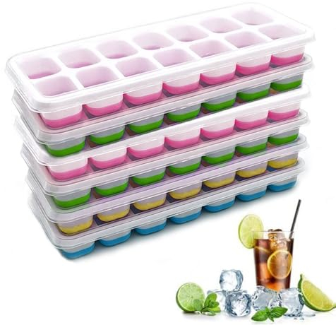Himifuture Ice Cube Tray 6 Pack, 84 Pieces, Stackable Flexible Silicone, Random Color, Includes 6 Trays and 6 Lids