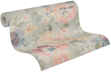 A.S. Création Blumentapete in Bunt, Grau, Pink, Blau, Grün - hochwertige Vintage Tapete 396072 - Designtapete gemalt auf 10,05m x 0,53m - Made in Germany