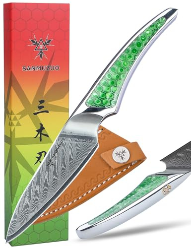 SANMUZUO Couteau d'office 9 CM, couteau de cuisine japonais en acier Damas VG-10, couteau à fruits ultra tranchant avec manche pleine soie en résine verte, série LA-S9
