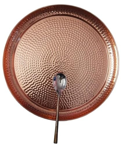 Ornate International Large Contemporary Hammered Edge Pure Copper Circular Serving Party Tray- 10 Inch Round Charger Platter Serving Dish Set of 2
