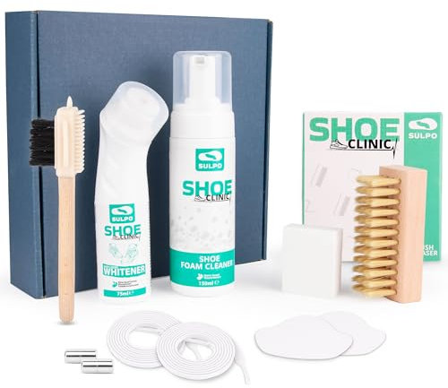 SULPO Shoe Clinic skorengöringsset – sneakers rengöringsmedel – white skorengörare set – skorengörare vita skor – sneakers, rengöringsset – skoputsmedel med skoborstborstar och reparationstillbehör,