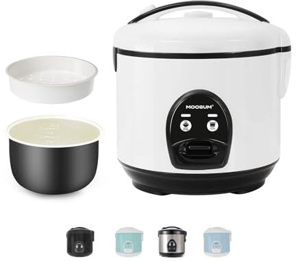 MOOSUM 0,8 L Cuociriso Elettrico e Vaporiera con Funzione di Mantenimento del Caldo - per 2-5 Persone Interno Antiaderente Rivestito in Ceramica, cucchiaio per riso e misurino, bianco